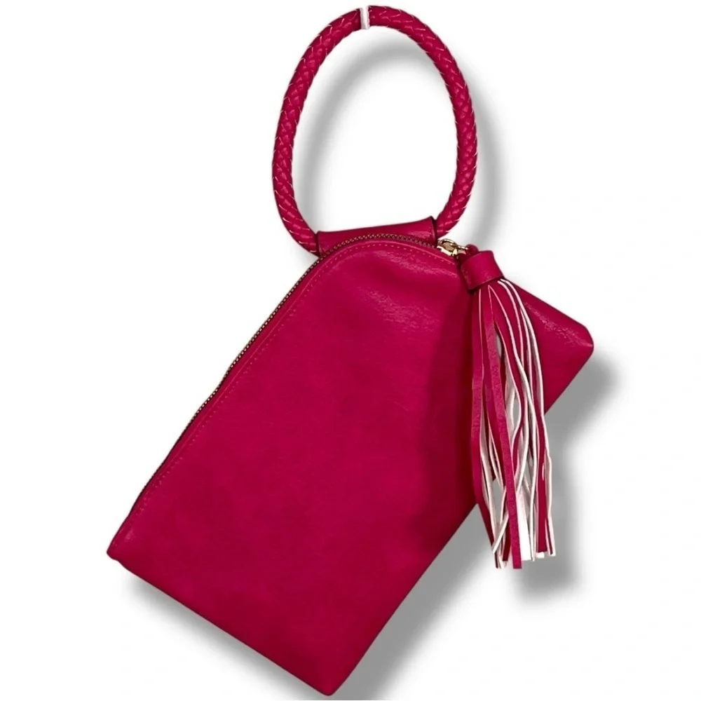 Fuchsia Pink Clutch Purse Tassel Faux Leather Bag Round Handle Zip Closure